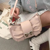Dodobye Pink Bow Womens Shoulder Bag Korean Fashion College Style Elegant Handbag Square Pleated Sweet Casual Leather Armpit Bag
