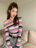 Black Friday Dodobye Long Sleeve Striped Sweater Off Shoulder Jumpers for Women 2024 Kawaii Pullover Y2k Korean Style Sweet Girls Top Fashion