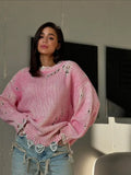 Dodobye Versatile Pink Hollow Out Women's Knitted Pullover Casual O-neck Long Sleeve Sweater Lady Early Autumn Chic Commute Streetwear