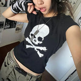 Dodobye Skeleton Print Black Crop Top 90s Vintage Harajuku Grunge Summer T-shirt Dark Academia Emo Alt Tees Women Streetwear