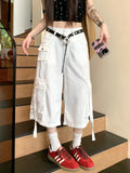 Dodobye Y2k White Calf-Length Cargo Pants Women Baggy High Wasit Denim Shorts Safari Style Summer Korean Wide Leg Jeans Female