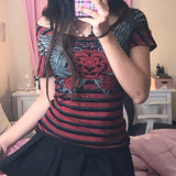 Dodobye Y2K Aesthetic Grunge Mall Goth Crop Top Vintage Striped Rose Graphic Print T-shirt E-girl Harajuku Gothic Short Sleeve Slim Tees