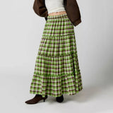 Dodobye Women 2000s Aesthetic Plaid Tiered Maxi Skirts Elastic High Waist Vintage Gingham Pleated Y2K Flowy Swing A Line Long Skirts