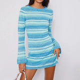 Dodobye Sexy Backless Tie-up Long Sleeve Dress Chic Women Elegant Lady Knitted Striped Mini Dress Summer Beach Holiday Club Party