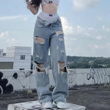 Dodobye Streetwear Straight Pants Ladies Ripped Jeans Mid Waist Loose Wide Leg Pants Ladies Jeans Y2K Summer High Street  Cargo Pants