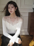 Black Friday Dodobye White Off Shoulder Knit Sweater Women Lace Transparent Mesh Long Sleeve Crop Pullovers Fairycore Aesthetics Clothes Chic