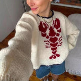 Dodobye 90s Vintage Grunge Preppy Style Y2K Sweater Lobster Patterm Knitted Pullovers Autumn Winter Long Sleeve Knitwear Women Clothes