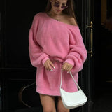 Black Friday Dodobye Faux Mink Pullover Sweater Female V-neck Reversible Autumn Winter Lanter Sleeve Loose Midi  Knitted Sweater Solid Elegant