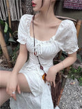 Dodobye Y2K Long Dresses for Women Puff Sleeve Lace-up A-line Off Shoulder Club Party Dress Summer New Korean Chic One Piece Vestido