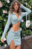 Dodobye Sky Blue Button-Front Knitted Two Piece Skirts