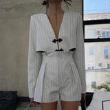 Dodobye Designer Women’s Striped Set Casual Oversized Blazer Two Pieces Set For Women Pullover Long Sleeve Shirt Tops And Shorts