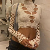 Dodobye Lace Sheer Crop Tops Women 2023 New Long Sleeve Hollow Out Diamonds Top Shirt Streetwear Slim Elastic See-Through Y2k Top