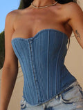 Dodobye Lace Up Denim Tank Top Women Clothing Slim Sexy Sleeveless Crop Tops Female Holiday Casual Bodycon Top Corset Woman