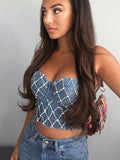 Dodobye Rhinestone Elastic Denim Corset Tops Women Summer Sleeveless Body Shaping Crop Cami Tops Blue Denim Sparkly Bustiers Tee