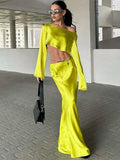 Dodobye Satin Loose Long Skirt Suits For Women Backless Slim Crop Tops Femme Solid Elegant Street Dress Sets 2 Piece Set Outifits