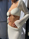 Dodobye Sexy Crochet Two Piece Set Women Beach Outfits Knit Hollow Out Crop Top Bodycon Long Skirt Sets 2023 Vacation Dress Set