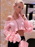 Dodobye Pink Ruffles Knitted Sweater Women Summer O-Neck Long Sleeve Slim Mini Pullovers High Street Y2K Tops Women’s Clothing