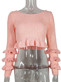 Dodobye Pink Ruffles Knitted Sweater Women Summer O-Neck Long Sleeve Slim Mini Pullovers High Street Y2K Tops Women’s Clothing