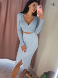 Dodobye Summer New Two Piece Set Women Outfits Casual White Crop Top And Midi Skirt Sets Wrap Bodycon Long Dress Knit Dresses Set