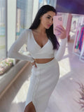 Dodobye Summer New Two Piece Set Women Outfits Casual White Crop Top And Midi Skirt Sets Wrap Bodycon Long Dress Knit Dresses Set