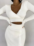 Dodobye Summer New Two Piece Set Women Outfits Casual White Crop Top And Midi Skirt Sets Wrap Bodycon Long Dress Knit Dresses Set