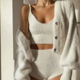 Dodobye Women Two Piece Sets Outfits White Plush Mohair Drill Button Cardigan Coats With Bra Tops And Mini Shorts Matching Sets