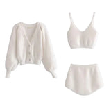 Dodobye Women Two Piece Sets Outfits White Plush Mohair Drill Button Cardigan Coats With Bra Tops And Mini Shorts Matching Sets