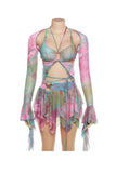 Dodobye Tie Dyed Fringe Vest Cover-up Three-piece Skirt Suits