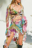 Dodobye Tie Dyed Fringe Vest Cover-up Three-piece Skirt Suits