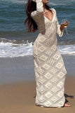 Dodobye V Neck Crochet Checkered Hollow Out Midi Dress