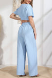 Dodobye V Neck Crop Tops Wide Leg Pants Set