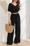 Dodobye V Neck Crop Tops Wide Leg Pants Set