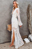 Dodobye V Neck Lace Patchwork Split Maxi Dress