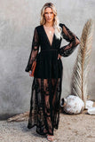 Dodobye V Neck Lace Patchwork Split Maxi Dress