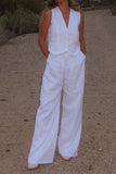 Dodobye White Button Down Tank Top Long Pants Set