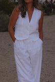 Dodobye White Button Down Tank Top Long Pants Set