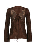 Dodobye-Retro Brown Textured Butterfly Print Lacing Long Sleeve Blouse