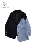 Dodobye Women Vintage Fashion Blazer Denim Patchwork Jackets 2025 Autumn Winter Irregular Coat Women Long Sleeve Loose Korean Outerwear