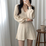 Dodobye V Neck Elegant Knitted Dress Women Sexy Slim Lantern Sleeve Sweet Mini Dress Korean Fashion Casual Female A Line Dress Fall