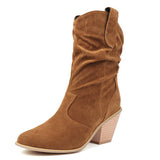 thanksgiving outfit Dodobye Flock Suede Female Mid Calf Boots Round Toe Slip On Pleated Chunky High Heels Leisure Bota 42 43 44