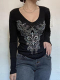 Dodobye-Gothic Rhinestone Print V Neck Long Sleeve Tee