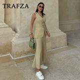 thanksgiving outfit Dodobye 2024 Spring Summer Casual Women Solid Suits Fashion Vintage V Neck Single Breasted Vests+Chic Elastic Waist Long Skirts