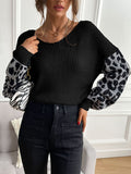 christmas outfit Dodobye Loose Puff Sleeves Leopard Split-Joint V-Neck Sweater Tops