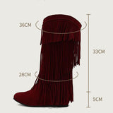 thanksgiving outfit Dodobye Women Mid Calf Boots Round Toe Increased Heel Fringe Flock Suede 46 47 48 Slip On Fashion Dating Bota