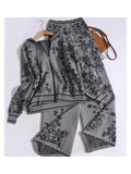 Dodobye Jacquard Knit Long Sleeved Zipper Hooded Cardigan And Elastic High Waist Wide Leg Pants Printed Street 2 Piece Set Women Outfit