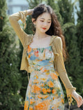 Dodobye Blurred Water Surface Flower Strap Dress And Cardigan