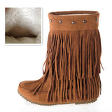 thanksgiving outfit Dodobye Women's 2 Layer Fringe Tassels Flat heel Half knee high Boots fur Shoes Big Size 34-47 Snow Boots Zapotos