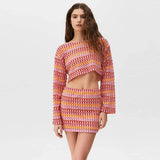 Dodobye Sexy Colorful Striped Printed Crop Top Skirts Set Women O-neck Flare Sleeve Tops Slim Mini Skirt 2024 Summer Lady Streetwear New