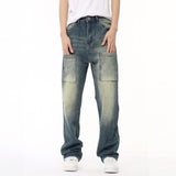 Dodobye High Street Men Cargo Jeans With Multi Pocket Splicing Design Sensation Trendy Straight Distressed Denim Trousers