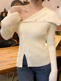 Dodobye-Solid Irregular Lapel Neck Off Shoulder Long Sleeve Knit